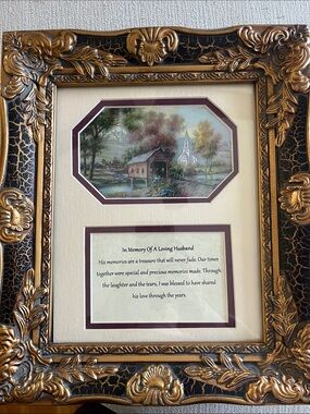 Memorial Print with ornate gold and black frame. Cottage Scene